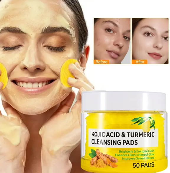 Kojic Acid and Turmeric Cleansing Pads jar with fresh turmeric